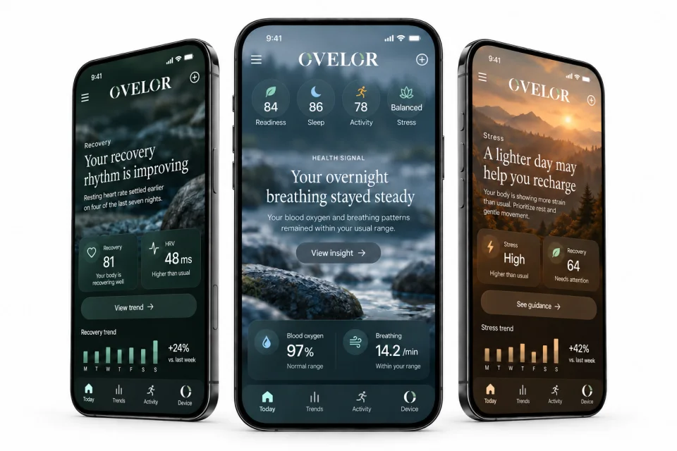 Your health signals — five OVELOR app screens