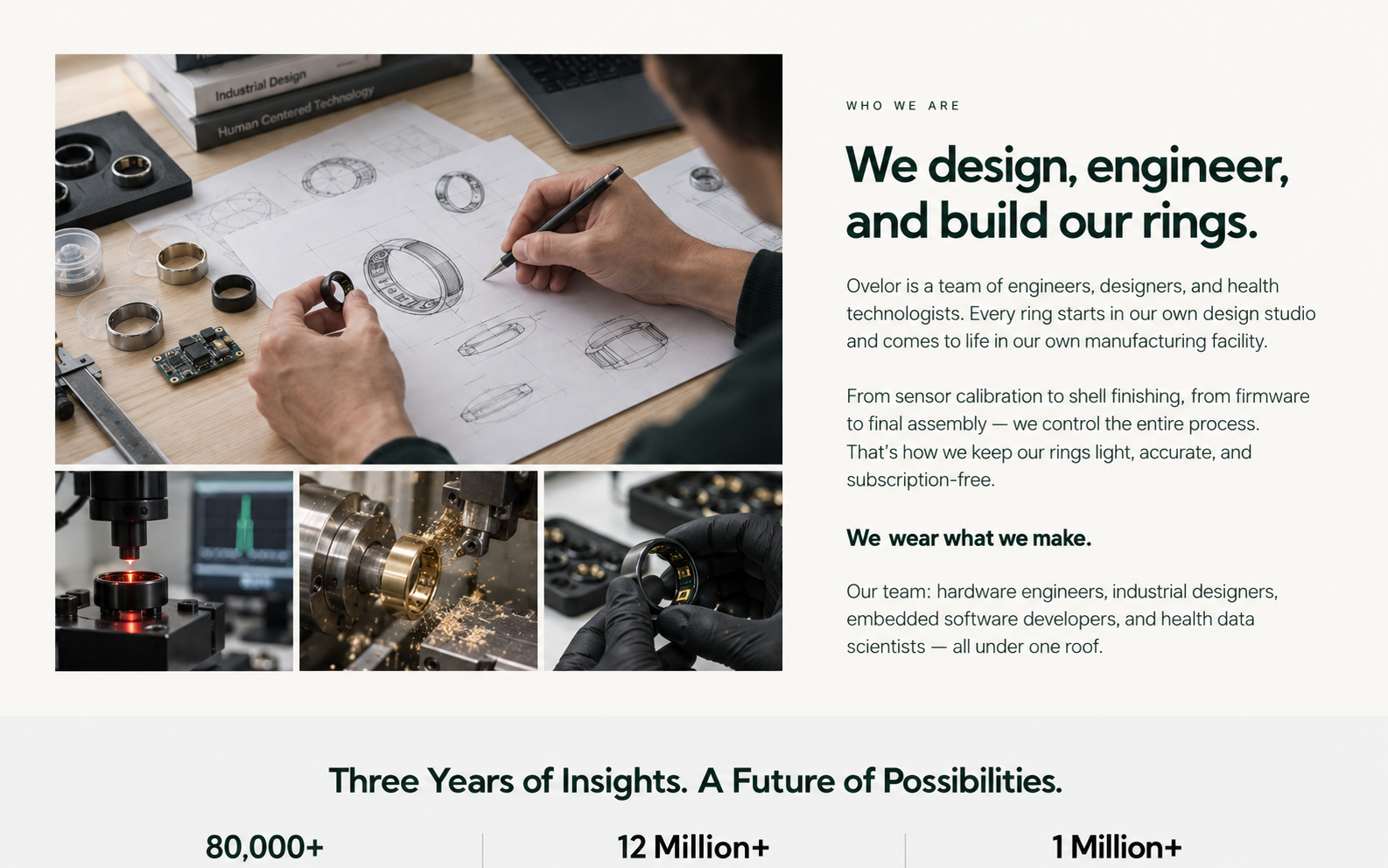 Conceptual illustration of smart ring design, sensor calibration, shell machining and final assembly