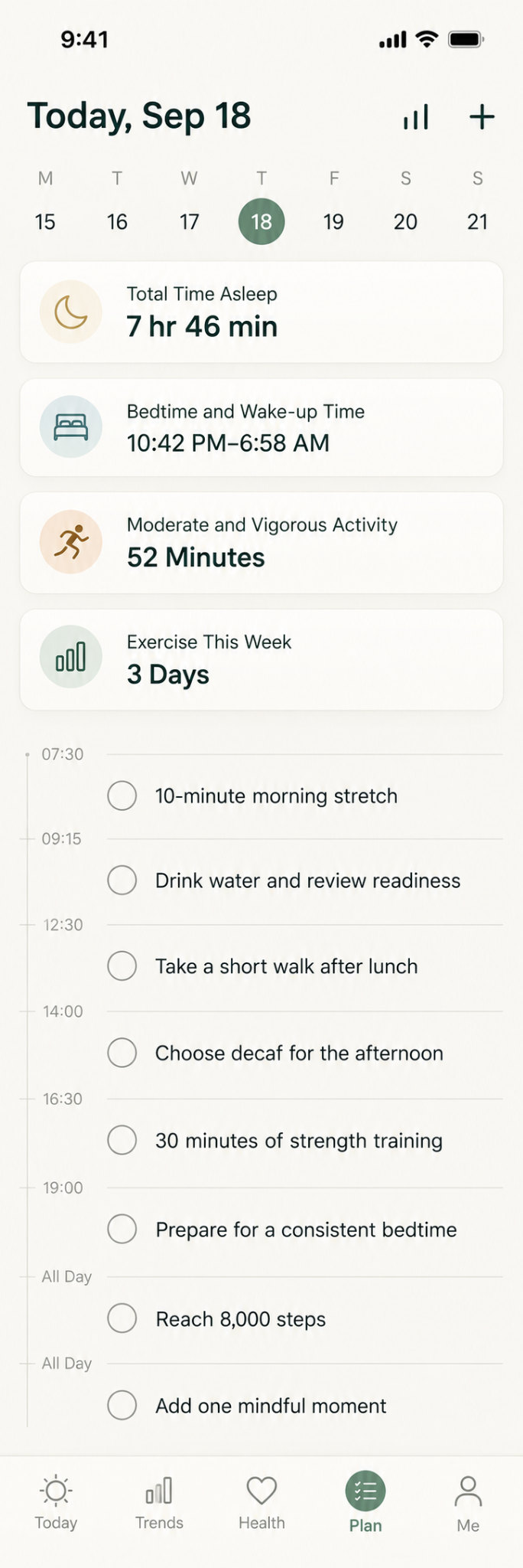 OVELOR RWFIT Daily Plan screen with wellness actions and schedule