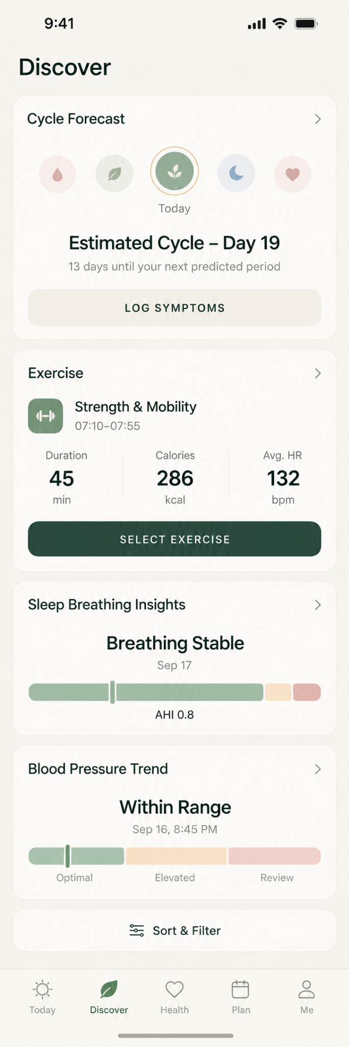 OVELOR RWFIT Discover screen showing exercise, cycle and additional wellness insights