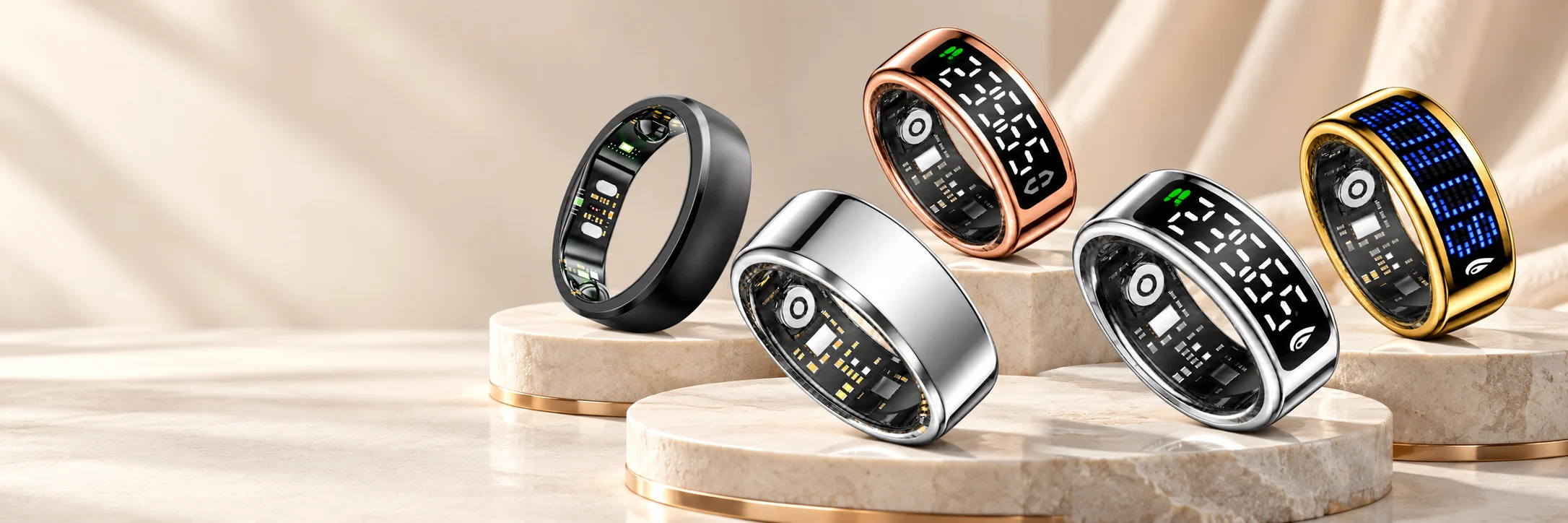 Ovelorring Smart Ring Ovelorring Best Smart Rings OVELOR Smart Rings BestSeller Five Products Ivory Illustrative OVELOR Gen 2 matte black, Gen 5 polished silver, Gen 6 rose gold, Gen 6 Pro polished silver and Gen 7 gold blue LED ring collection on ivory stone platforms; no promotional text.