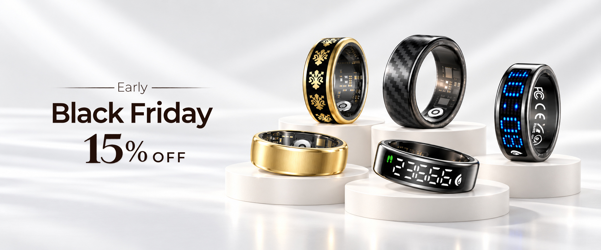 OVELOR smart ring collection on white display platforms with Early Black Friday and 15% off lettering.