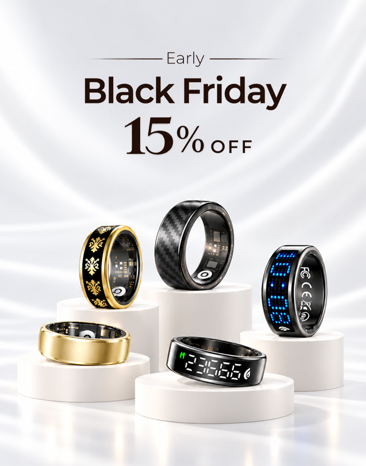 OVELOR smart ring collection on white platforms with Early Black Friday 15% off lettering.