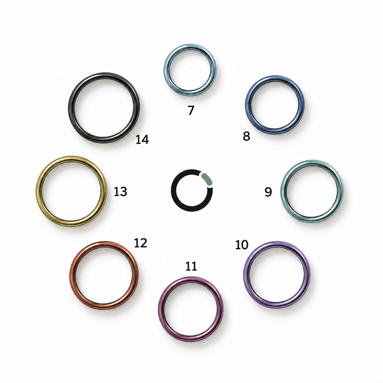Ring sizing set arranged in a circle